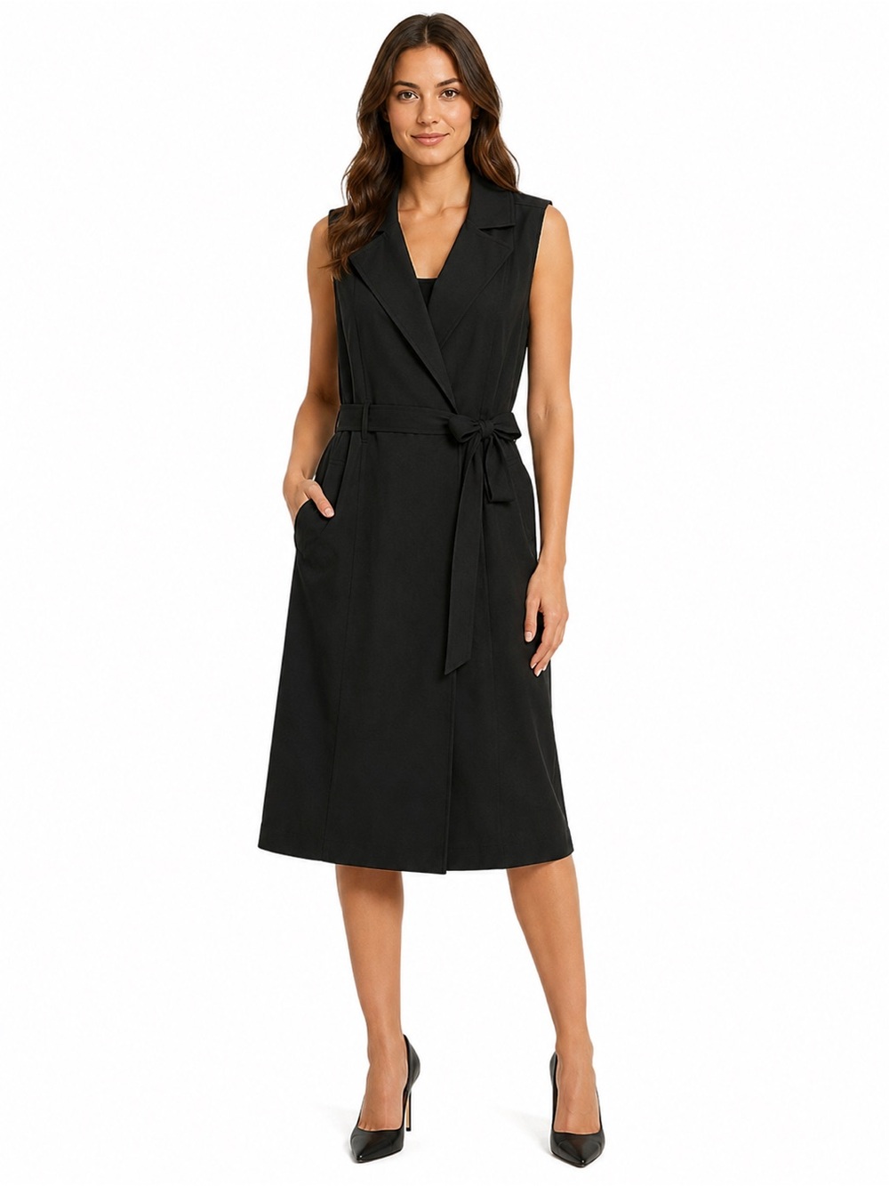 Banana Republic Black TENCEL Sleeveless Wrap Midi Dress with Tie, Career Wear